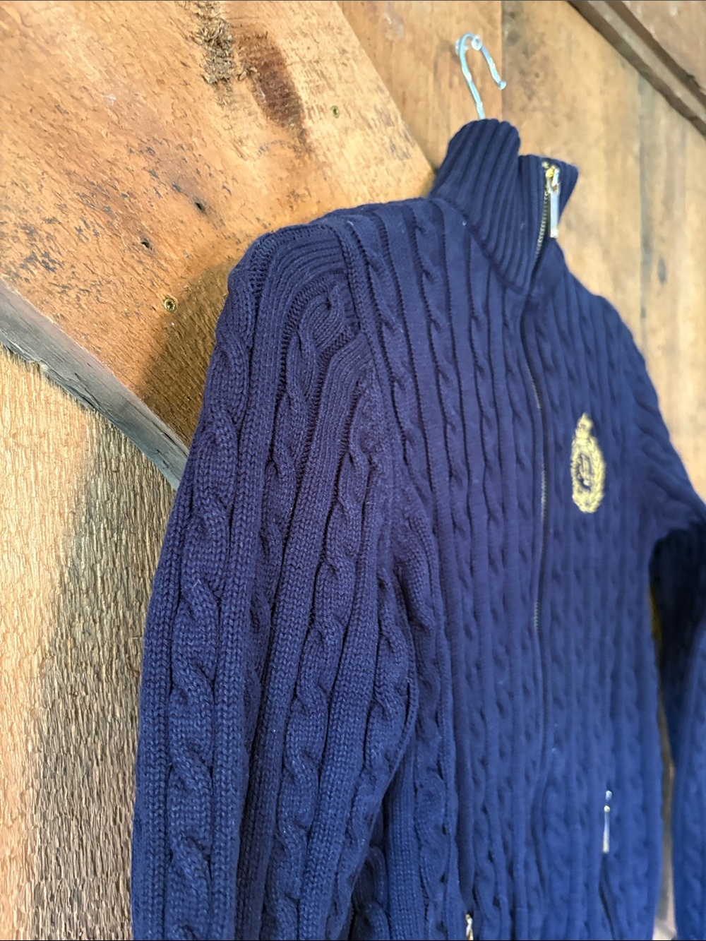 Ralph Lauren Navy Cable-Knit Full Zip Cardigan Crest Sweater Womens XSP - Picture 3 of 11